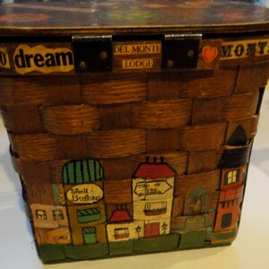 Vintage wooden picnic basket decoupage folk art flip lid fabric lined Caro Nan inspired purse with Kansas City shops from the era image 4