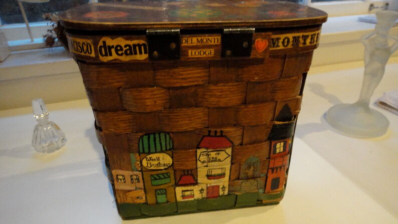 Vintage wooden picnic basket decoupage folk art flip lid fabric lined Caro Nan inspired purse with Kansas City shops from the era image 4