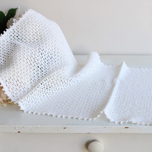 Vintage 1960s Crochet Table Runner, White Woven Couch or Sofa Cover