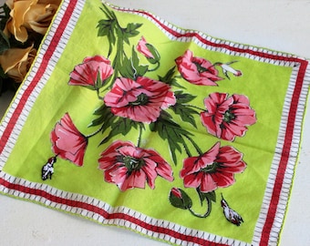 Vintage Mid CENTURY Linen Handkerchief POPPIES-Poppy-Hanky~Unused-1940-1950s