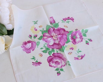 Vintage jaren 1950 katoenen zakdoek bloemenprint, roze paarse rozen zakdoek