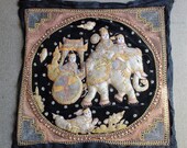 Vintage 1940s Mid Century Kalaga Burmese Myanmar Elephant Wall Hanging Sequins Beads On Velvet Textured 3D