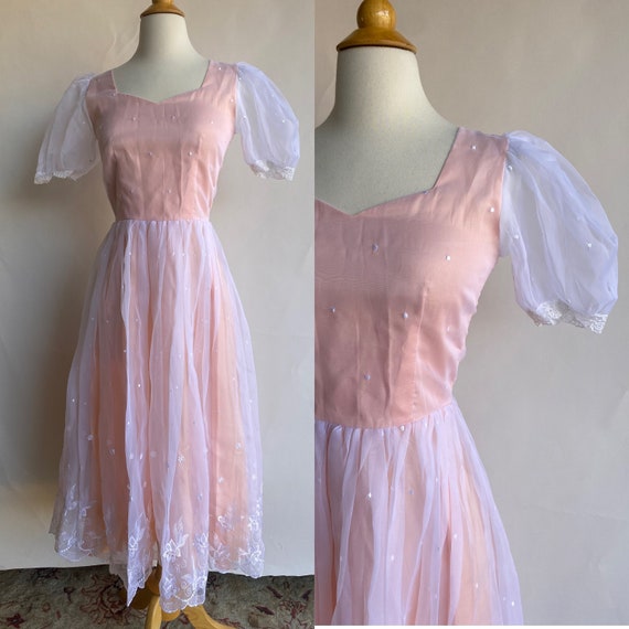 Vintage 1980's Dress, Baby Pink Puff Sleeve Empir… - image 1