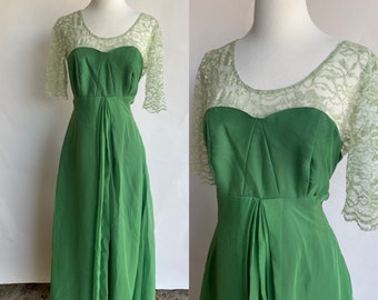 Vintage 1960's Dress, Emerald Green Formal Gown With Lace Sleeves