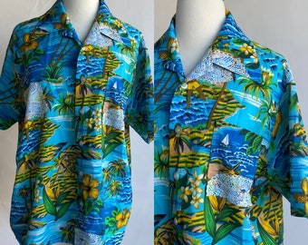 Vintage Men's 1960's Shirt, Blue Island Print Tiki Short Sleeve Blouse From WaikikiTs