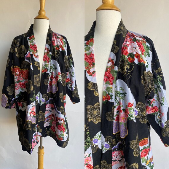 Vintage 1960's Shirt, Floral Long Sleeve Kimono T… - image 1