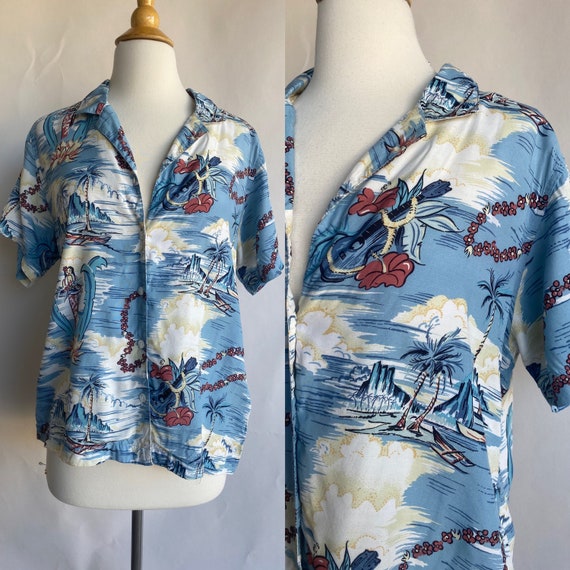 Vintage 1960's Shirt, OP Blue Floral Tiki Short Sl