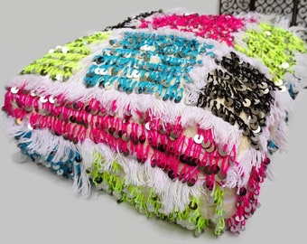 Handmade Moroccan Handira Pouf: Berber Wedding Blanket Ottoman 03YL0464