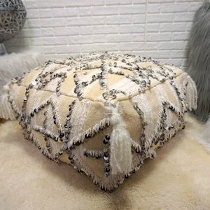 Moroccan Vintage Pouf, Bohemian Floor Pillow, Berber Ottoman Pouf 03YS00511 image 1