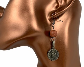 Moroccan Coin Earrings: Berber Clay Beads, Gunmetal French Hooks