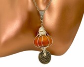 Freshwater Pearl Necklace, Large Amber Necklace, Wire Wrapped Pendant, Coin Necklace, Berber Necklace, Moroccan Necklace, 03YS00649