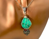 Green Turquoise Necklace, Wire Wrapped Pendant, Enamel Necklace, Moroccan Necklace, Berber Necklace, Silver Necklace, 03YS00312