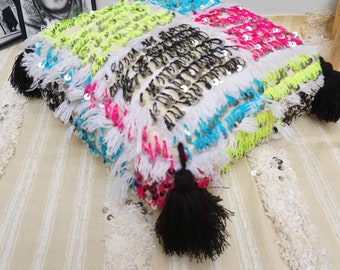 Handmade Moroccan Wedding Blanket Pouf: Berber Tassel Floor Pillow 03YL0495