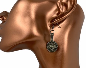 Handmade Berber Coin Earrings: Moroccan Gunmetal French Hooks