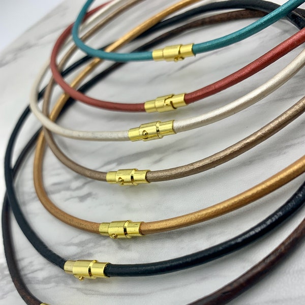 3mm Genuine Leather Necklace, Unique Colors, Custom Size, Gold Magnetic Clasp, Leather Cord