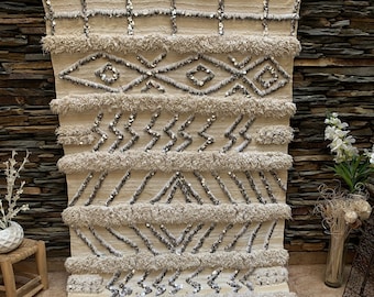 Vintage Handira Hochzeit Decke, Marokkanischer handgefertigter Luxusüberwurf, Berber Teppich Pailletten 03YS00128