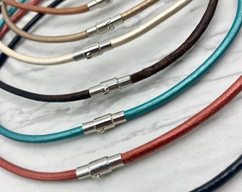 3mm Genuine Leather, Leather Cord Necklace, Unique Colors, Custom Size, Silver Magnetic Clasp