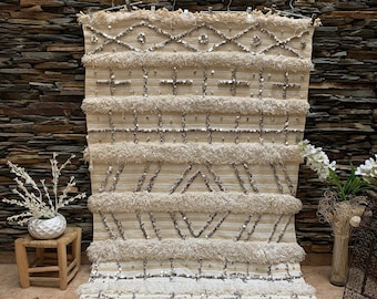 Vintage Handira Hochzeit Decke, Marokkanischer handgefertigter Luxus Überwurf, Berber Teppich Pailletten 03YS00289