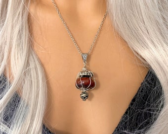 Wire Wrapped Copal Pendant Necklace: Berber Style, Stainless Steel Chain