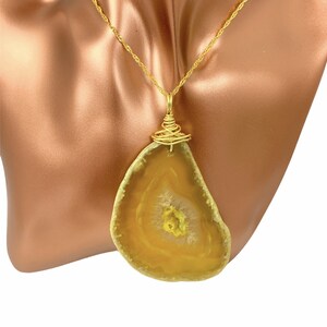 Yellow Druzy Agate Slice Necklace: Gold Wire Wrapped Geode Pendant