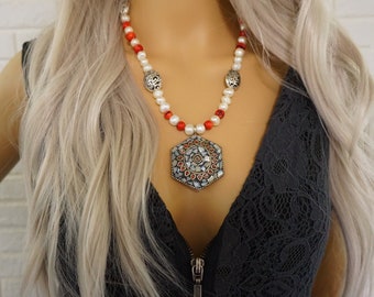 Freshwater Pearl Pendant Necklace, Tibetan Necklace, Coral Necklace, Moroccan Necklace, 03YS00425