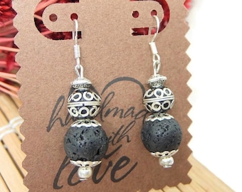 Moroccan Earrings, Berber Earrings, Volcanic Lava Earrings, Silver Tribal Earrings 04ZL01