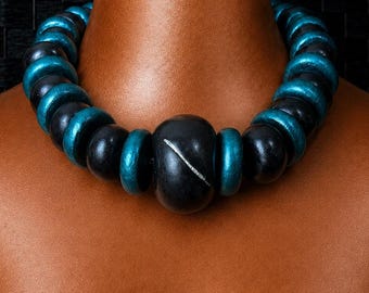 Moroccan Tribal Jewelry: Black Turquoise Rustic Necklace
