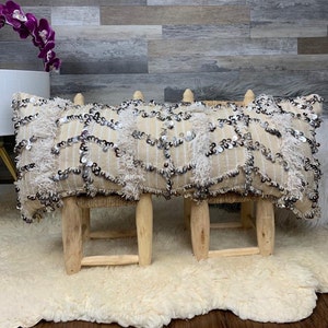 Large Handira Pillow, Moroccan Pillow, Vintage Lumbar Pillow, Wedding Blanket Pillow, Sequins Cushion, White Pillow 03YS00111