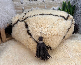Large Beni Ourain Wool Pouf: Moroccan Tassel Ottoman Floor Pillow 03YS00926