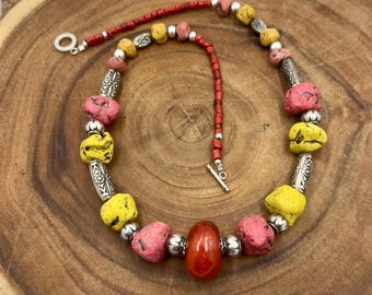 Moroccan Honey Copal Necklace: Pottery, Silver & Faux Coral Berber Jewelry
