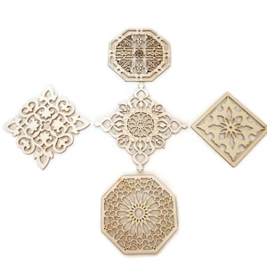 5 Mixed Moroccan Tile Design Laser Cut Unfinished Wood Shapes Craft DIY Decorative Coaster 03YL0255