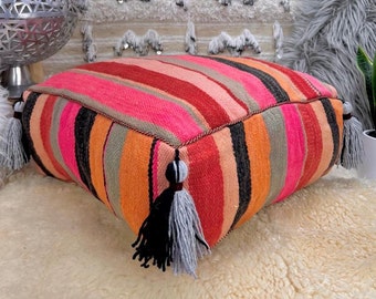 Kilim Pouf, Vintage Pouf, Handmade Ottoman, Native Wool Floor Pillow, Throw Pouf, Moroccan Pouf, 03YS00966