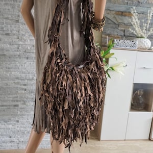 Marokkanische Leder Umhängetasche: Boho Hippie Fransen Tasche