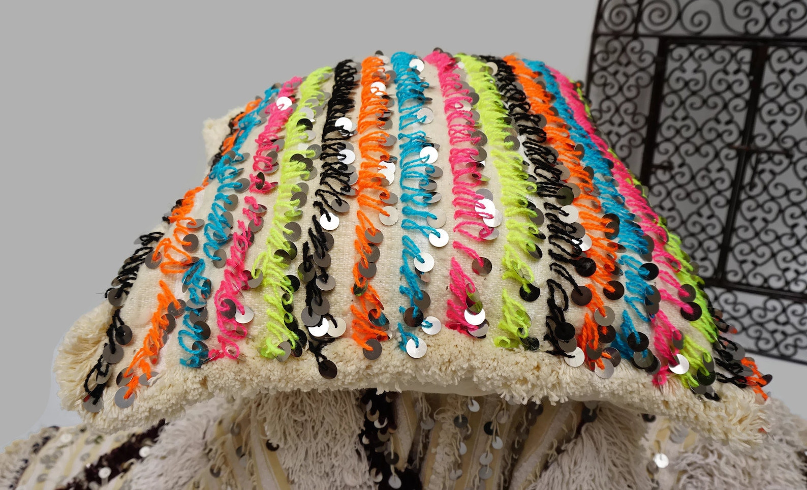 Handira Wedding Blanket Pillow Cover with Sequins and Pom Poms — view 5
