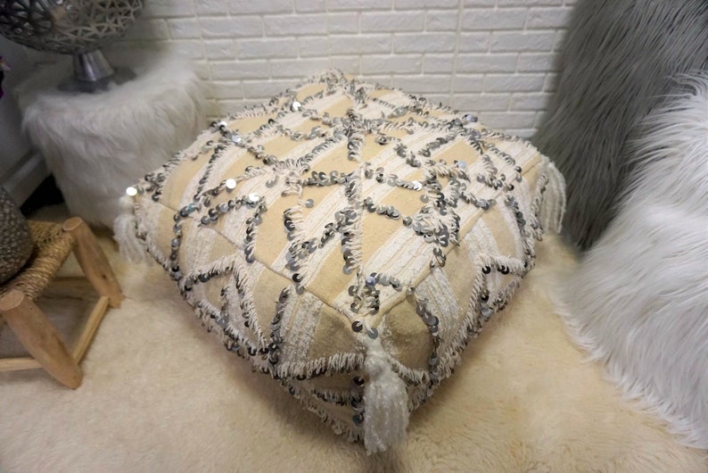 Moroccan Vintage Pouf, Bohemian Floor Pillow, Berber Ottoman Pouf 03YS00511 image 2