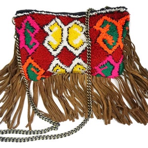 Tassel Rug Bag, Kilim Clutch Bag, Moroccan Leather Bag, Bohemian Purse, Fringe Bag 03YS00633