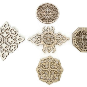 5 Mixed Moroccan Tile Design Laser Cut Unfinished Wood Shapes Craft DIY Decorative Coaster 03YL0280