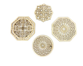 4 Mixed Moroccan Tile Design Laser Cut Unfinished Wood Shapes Craft DIY Decorative Coaster 03YL0250