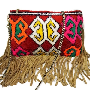 Vintage Rug Bag, Kilim Bag, Tassel Clutch Bag, Moroccan Leather Purse, Fringe Shoulder Bag, Bohemian Evening Bag 03YS00165