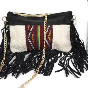 Handira Fringe Bag: Moroccan Kilim, Suede Leather Clutch
