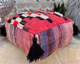 Vintage Boucherouite Pouf, Moroccan Pouf, Handmade Ottoman, Bohemian Floor Pillow, Throw Pouf, 03YS0080