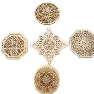 5 Mixed Moroccan Tile Design Laser Cut Unfinished Wood Shapes Craft DIY Decorative Coaster 03YL0277