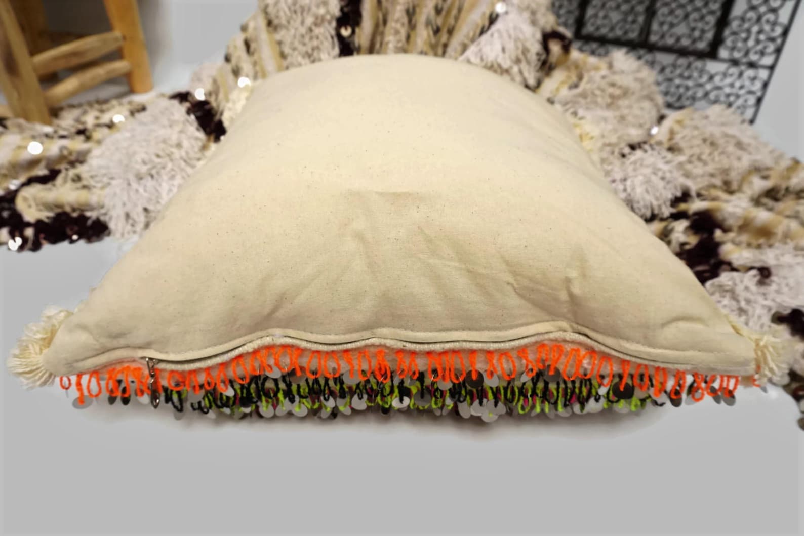 Handira Wedding Blanket Pillow Cover with Sequins and Pom Poms — view 7