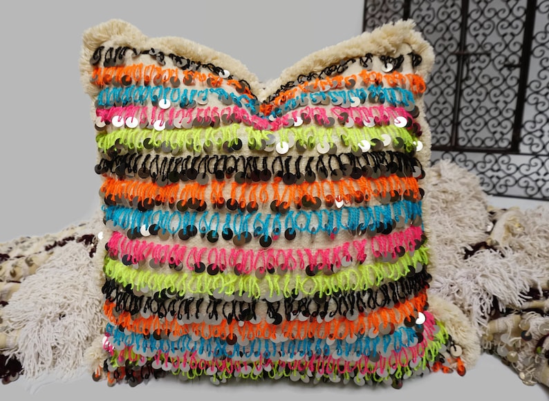 Handira Wedding Blanket Pillow Cover with Sequins and Pom Poms — view 2