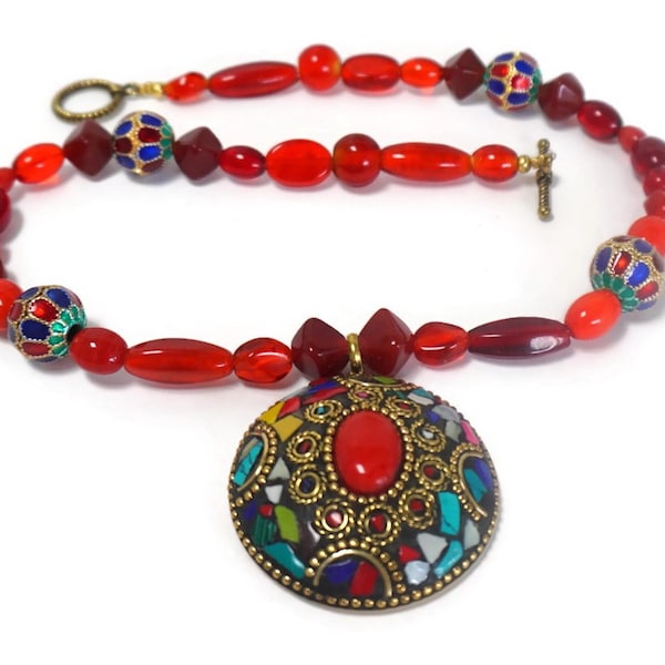 Cranberry Tibetan Necklace, Nepal Necklace, Moroccan Necklace, Statement  Tribal Necklace 03YS00311