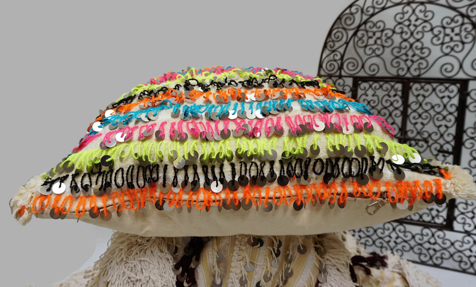 Handira Wedding Blanket Pillow Cover with Sequins and Pom Poms — view 3
