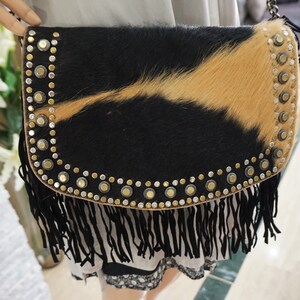 Moroccan Cowhide Leather Fringe Bag: Studded Shoulder Clutch