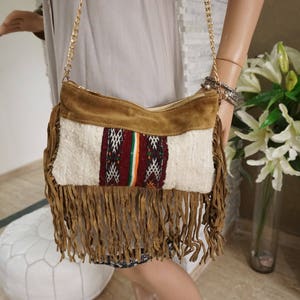 Moroccan Leather Bag, Handira Bag, Handmade Rug Bag, Kilim Clutch Bag, Wallet Shoulder Bag, Fringe Tassel Purse, 03YS045