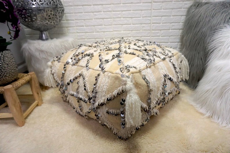 Moroccan Vintage Pouf, Bohemian Floor Pillow, Berber Ottoman Pouf 03YS00511 image 1