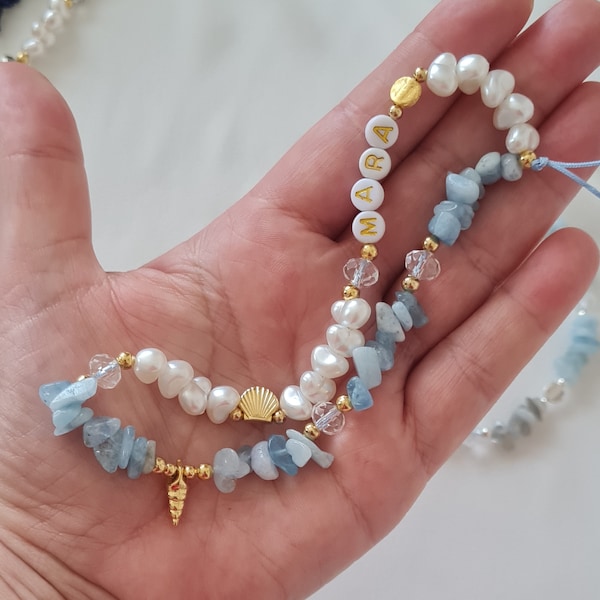 Aquamarine Phone Strap,Healing Crystal Phone Chain,Pearl Beaded Phone Charm,Phone Strap,Personalized Phone Strap, Bridesmaids Gift